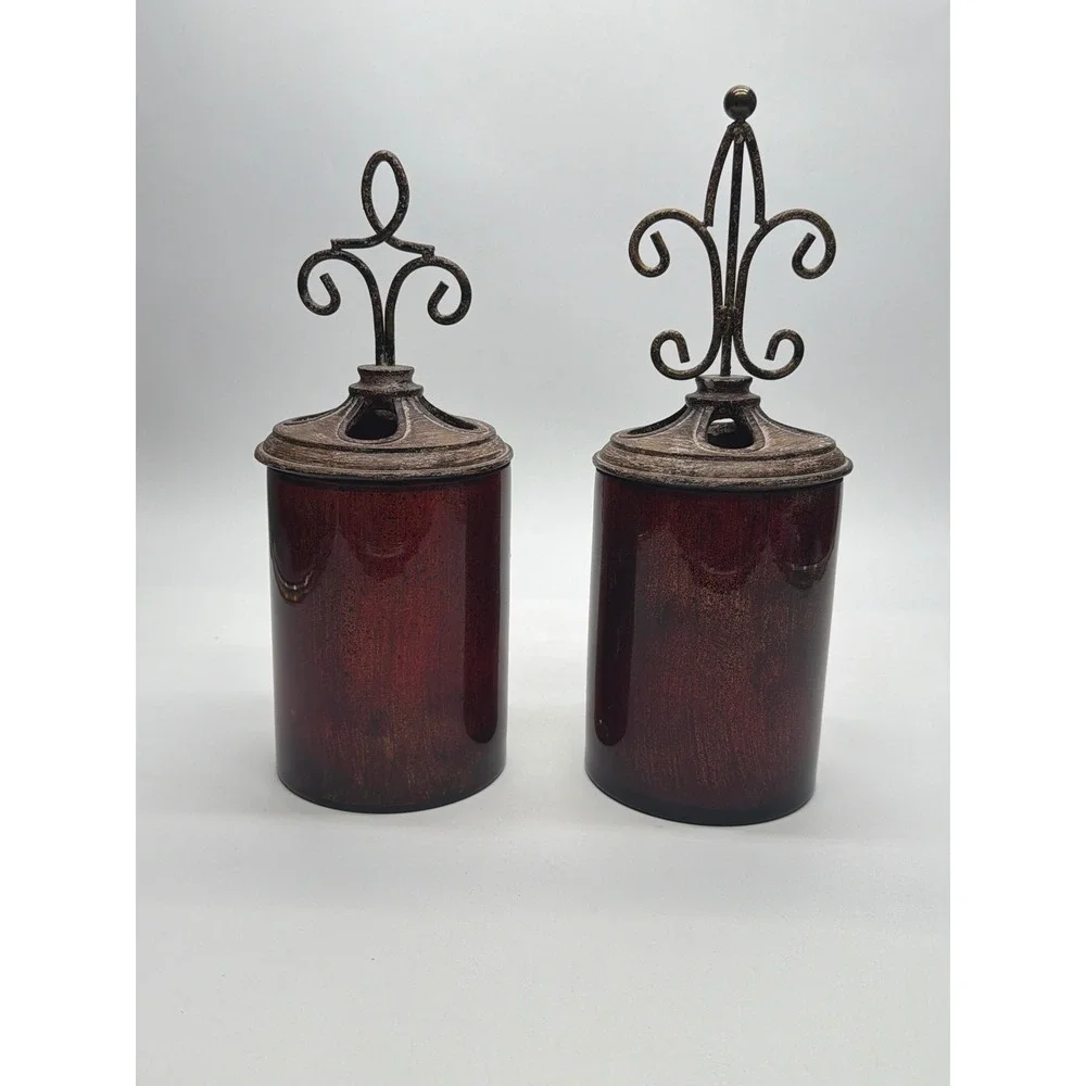 Pair Burgundy Red Glass Canisters with Metal Fleur-de-Lis Scroll Lids 6in